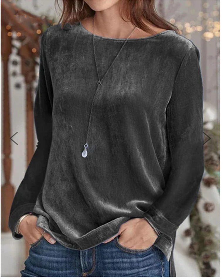 Velvet Chic Solid Color Round Neck Long Sleeve Pullover Sweater