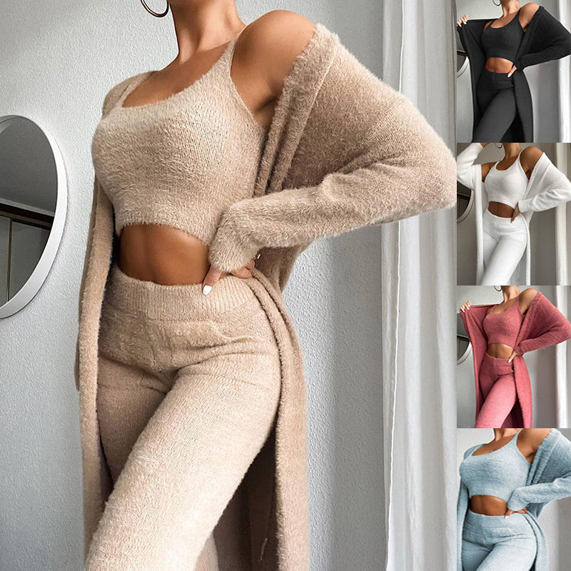 Cozy Women's Fashion Set: Fluffy Crop Top, Skinny Pants & Longline Coat