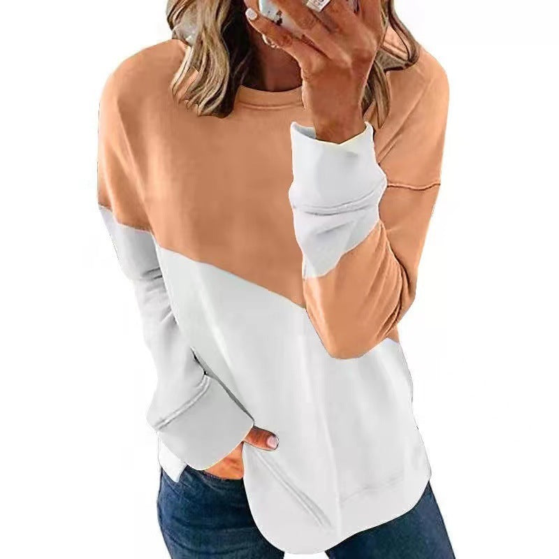 Women Fit Round Neck Long Sleeve Sweater Color Matching Tops Sport Clothes