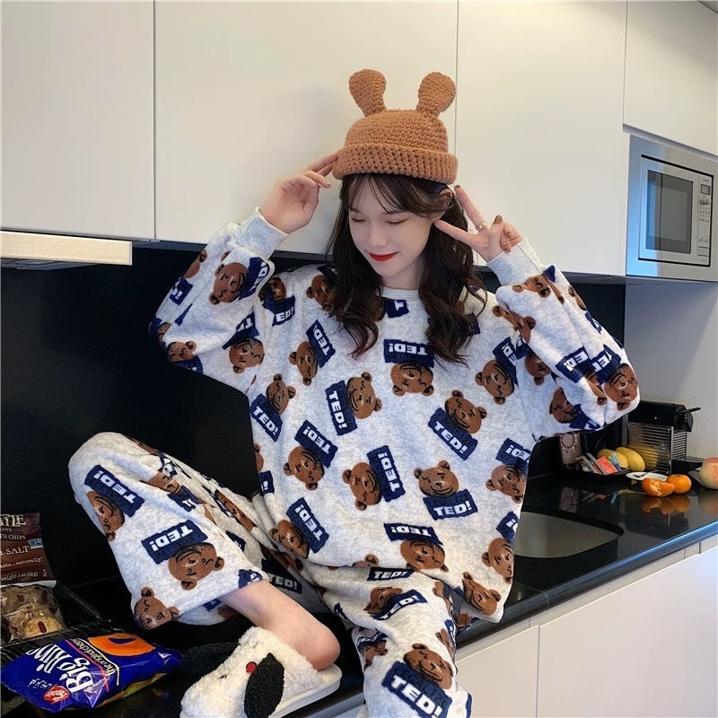 Warm and Cozy Winter Sleepwear for Women Cartoon Print Pajama Set for a Playful Night Rest