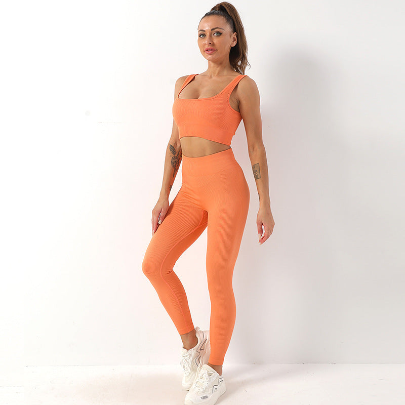 Dynamic Duo 2 Piece Thread Yoga Suit with Seamless Bra and Butt Lifting High Waist Leggings Set Ideal for Women Sports Fitness and Yoga Outfits