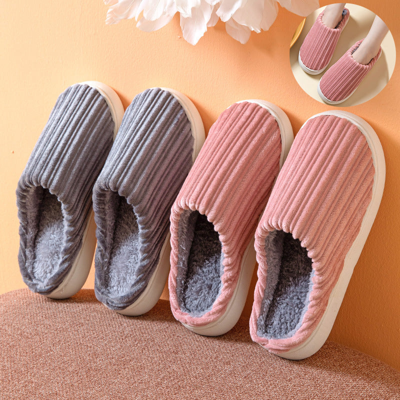 Step into Cozy Luxury with Striped Design Slippers: Thick-Soled, Plush Cotton, Anti-Slip - Perfect for Women's Winter Indoor Comfort