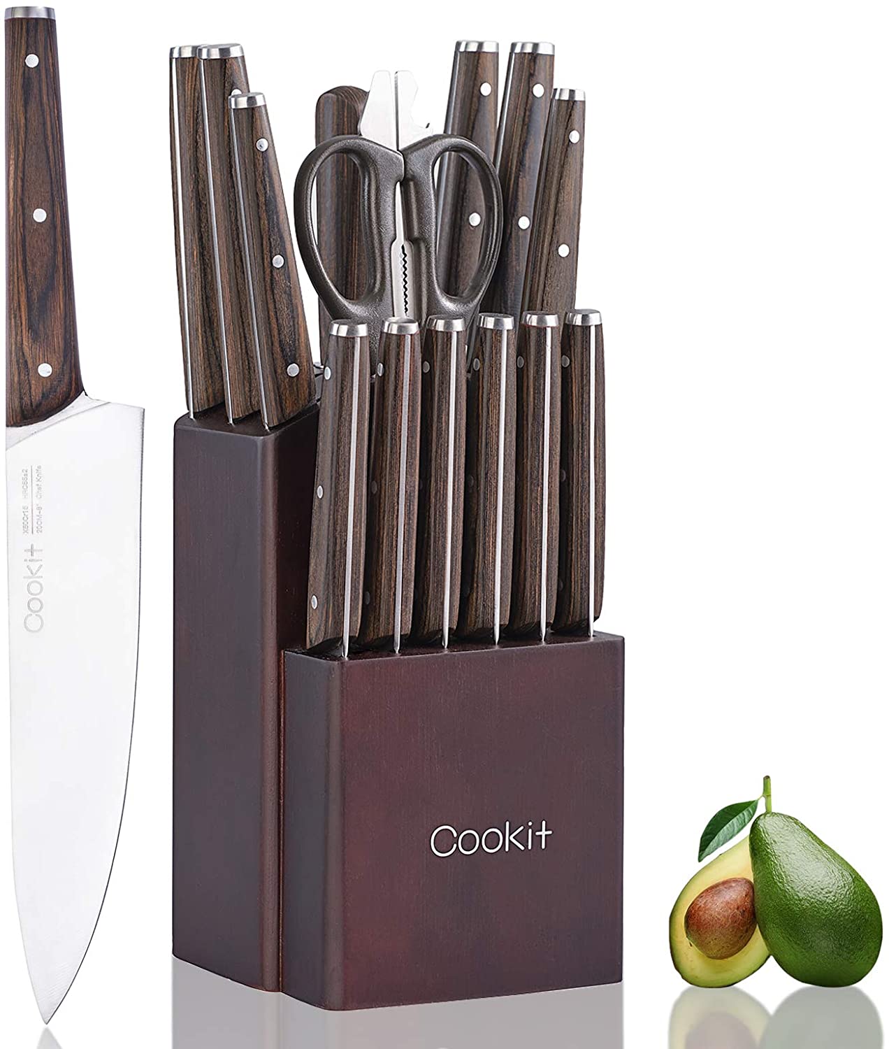 15 Piece Kitchen Knife Set with Block and Manual Sharpener