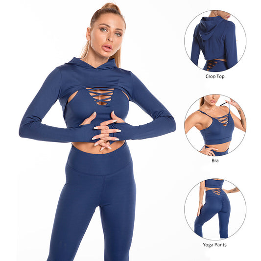 Ultimate Fitness Trio 3pcs Sports Suits with Long Sleeve Hooded Top Hollow Design Camisole and Butt Lifting High Waist Seamless Leggings Perfect Gym Outfits