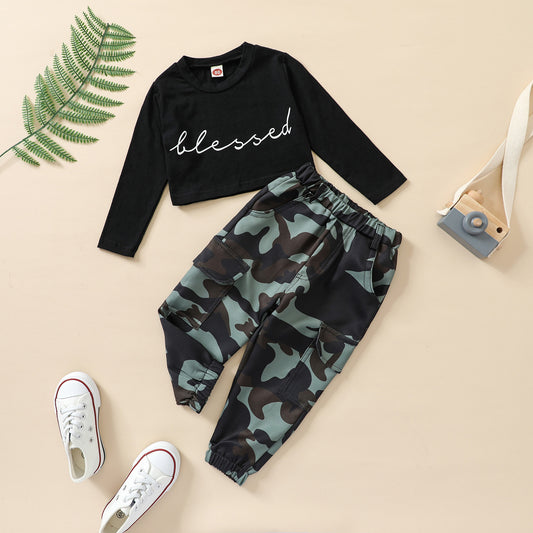 Two-piece Set Of New Letter-print Leak Navel Top Camouflage Pants