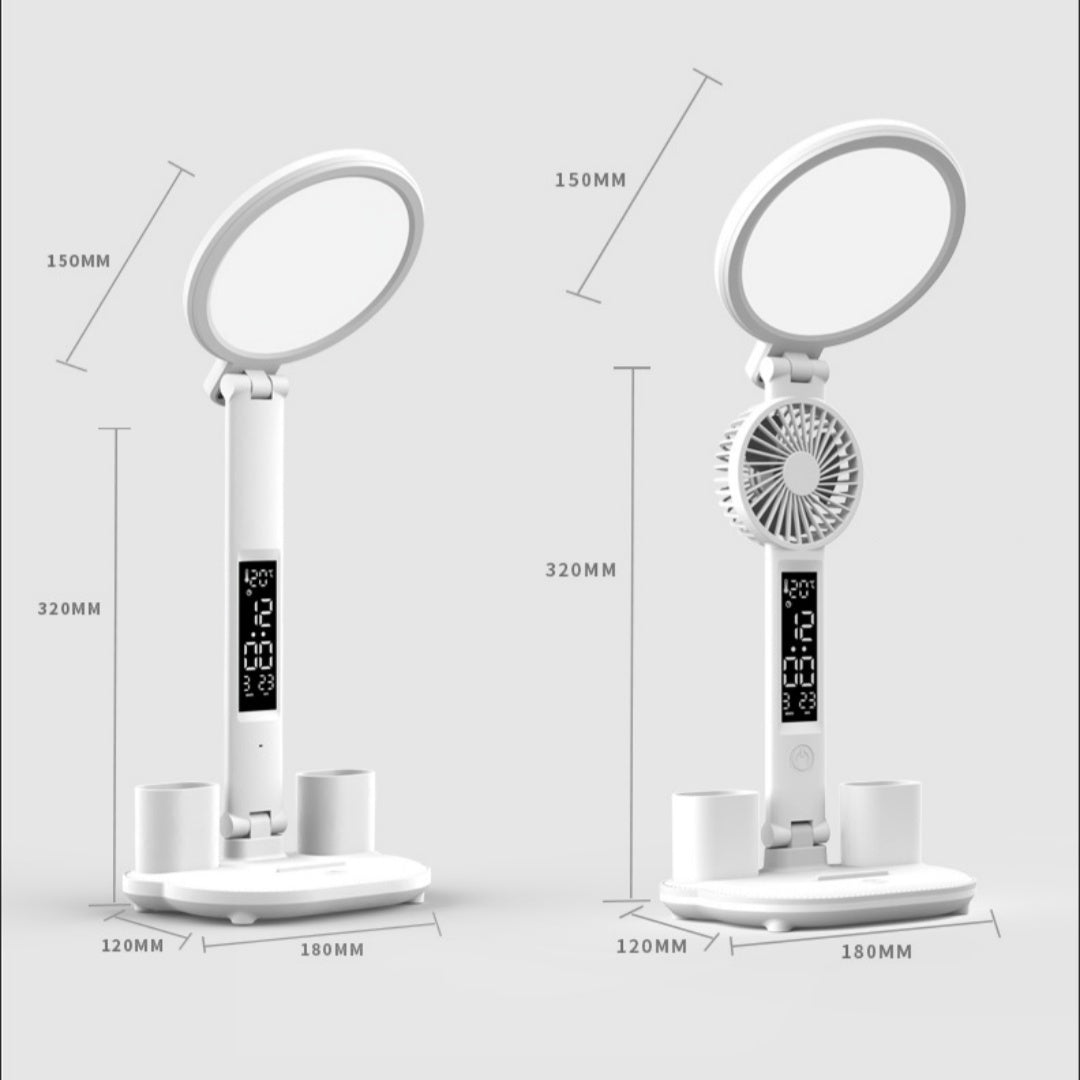 Versatile LED Desk Lamp USB Chargeable Dimmable Foldable with LED Clock Fan Light and Eye Protection Ideal for Reading and Night Use