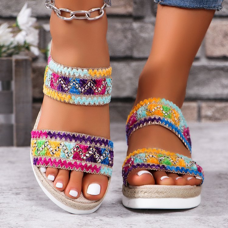 Ethnic Elegance Wavy Pattern Woven Sandals with Linen Bottom Wide Strap Wedges for Stylish Summer Comfort