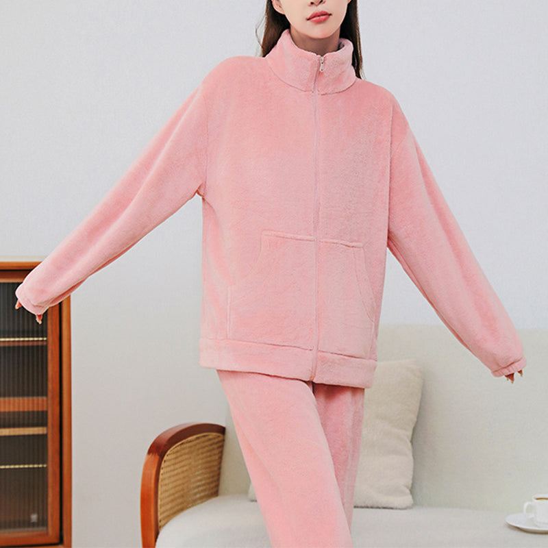 Indoor and Outdoor Warmth Winter Coral Velvet Pajama Set with Pockets and Stand Collar