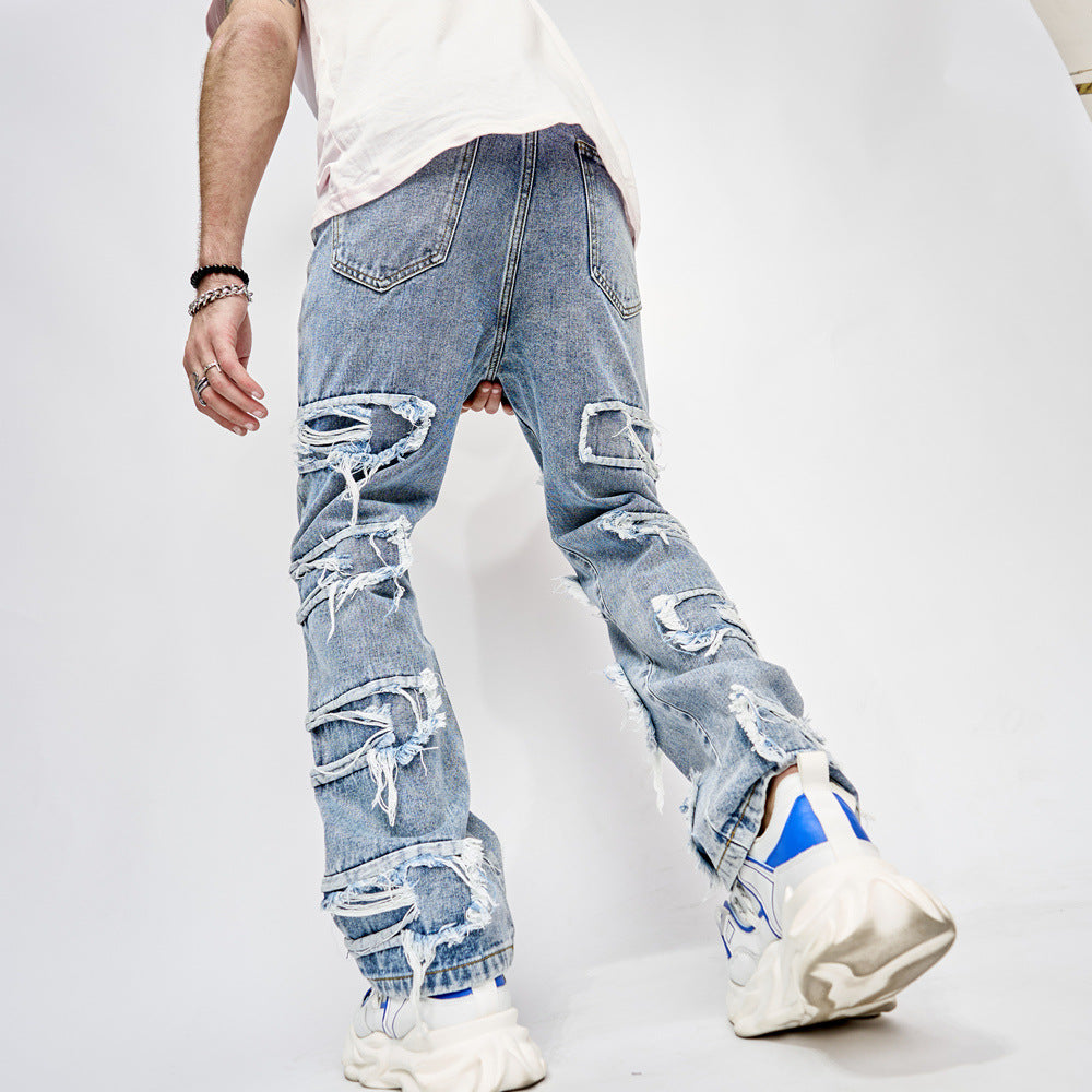 High Street Men's Hip Hop Jeans: Full-Length Patched Trousers with Straight Fit