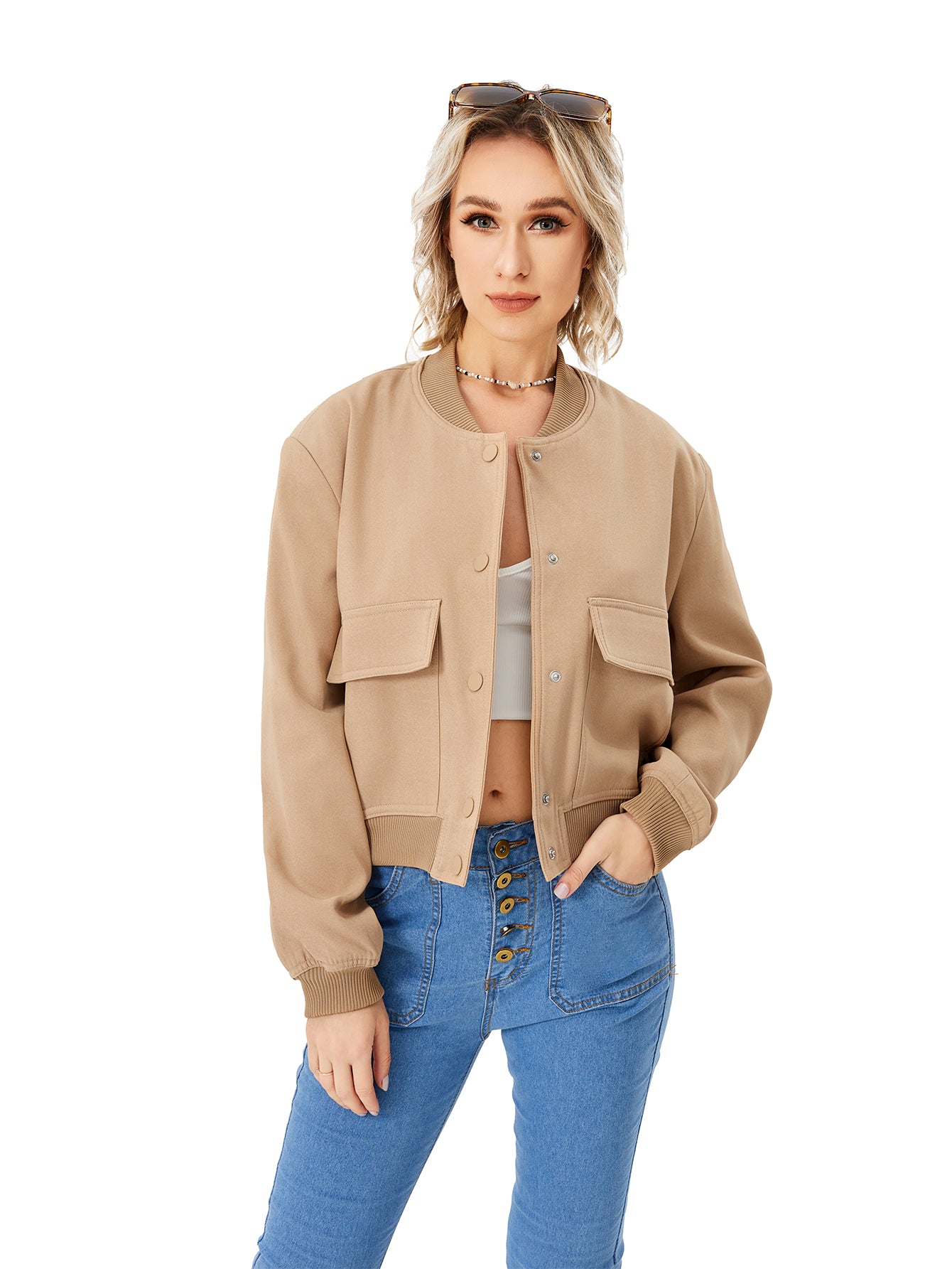 Women's Lightweight Cropped Bomber Jacket Casual Long Sleeve Varsity Jacket With Pocket Fashion Y2k Jacket Streetwear