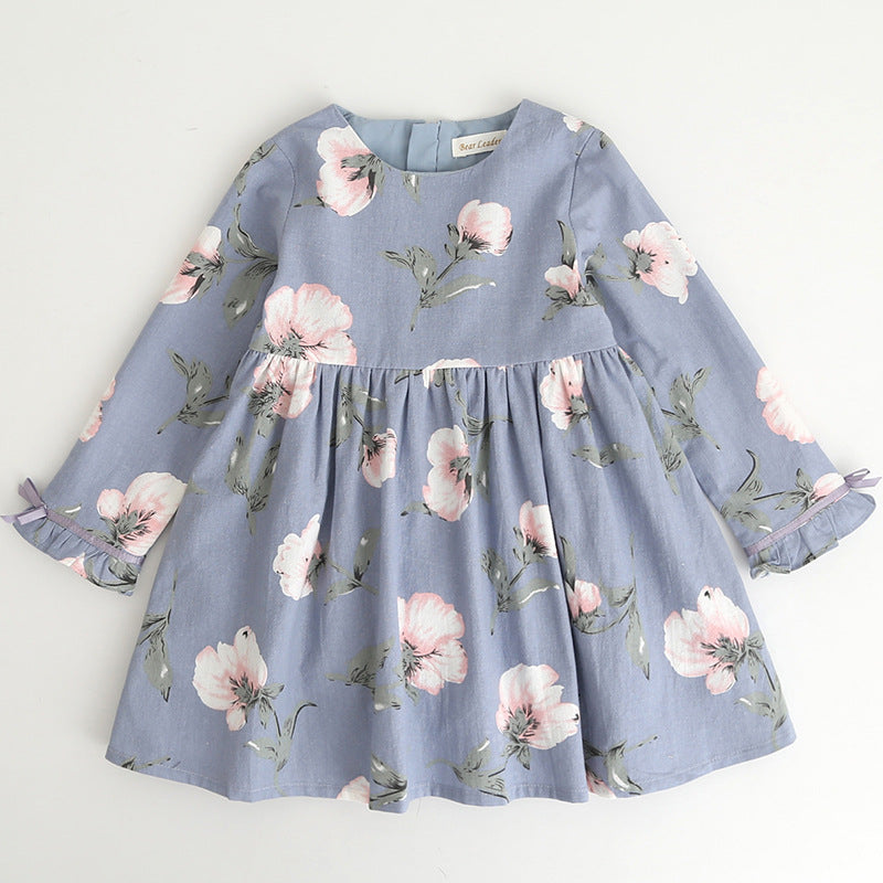 Enchanting Princess Dress Full Print Flower with Bow Knot Long Sleeve Perfect for Children Clothing Wholesale