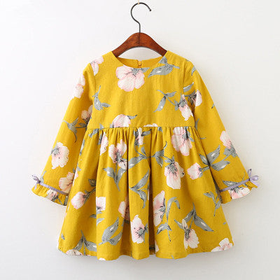 Enchanting Princess Dress Full Print Flower with Bow Knot Long Sleeve Perfect for Children Clothing Wholesale