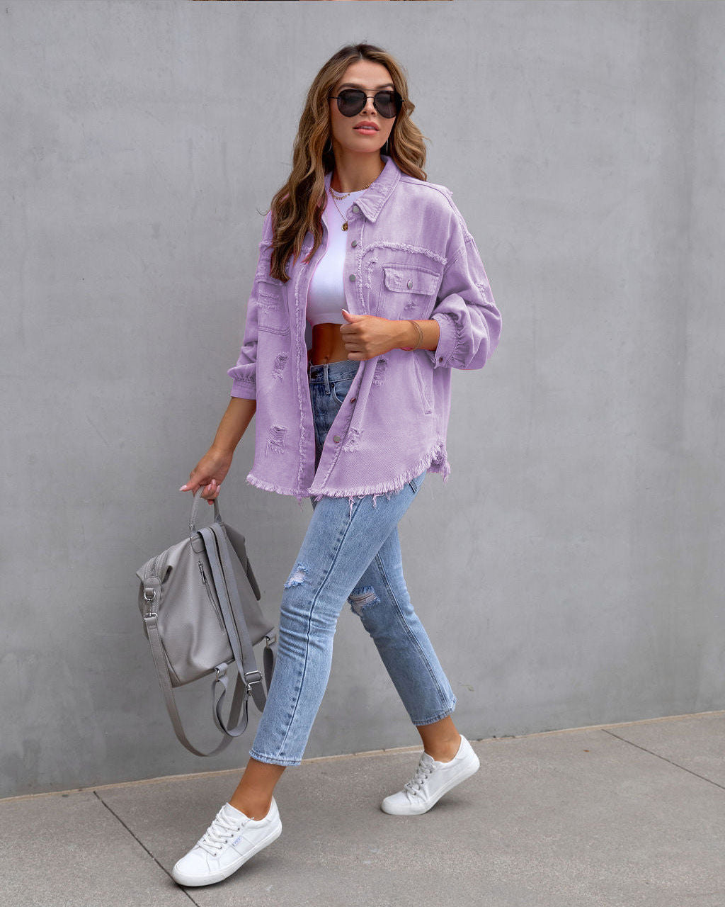 Ripped Shirt Jacket for Women - Autumn and Spring Casual Top