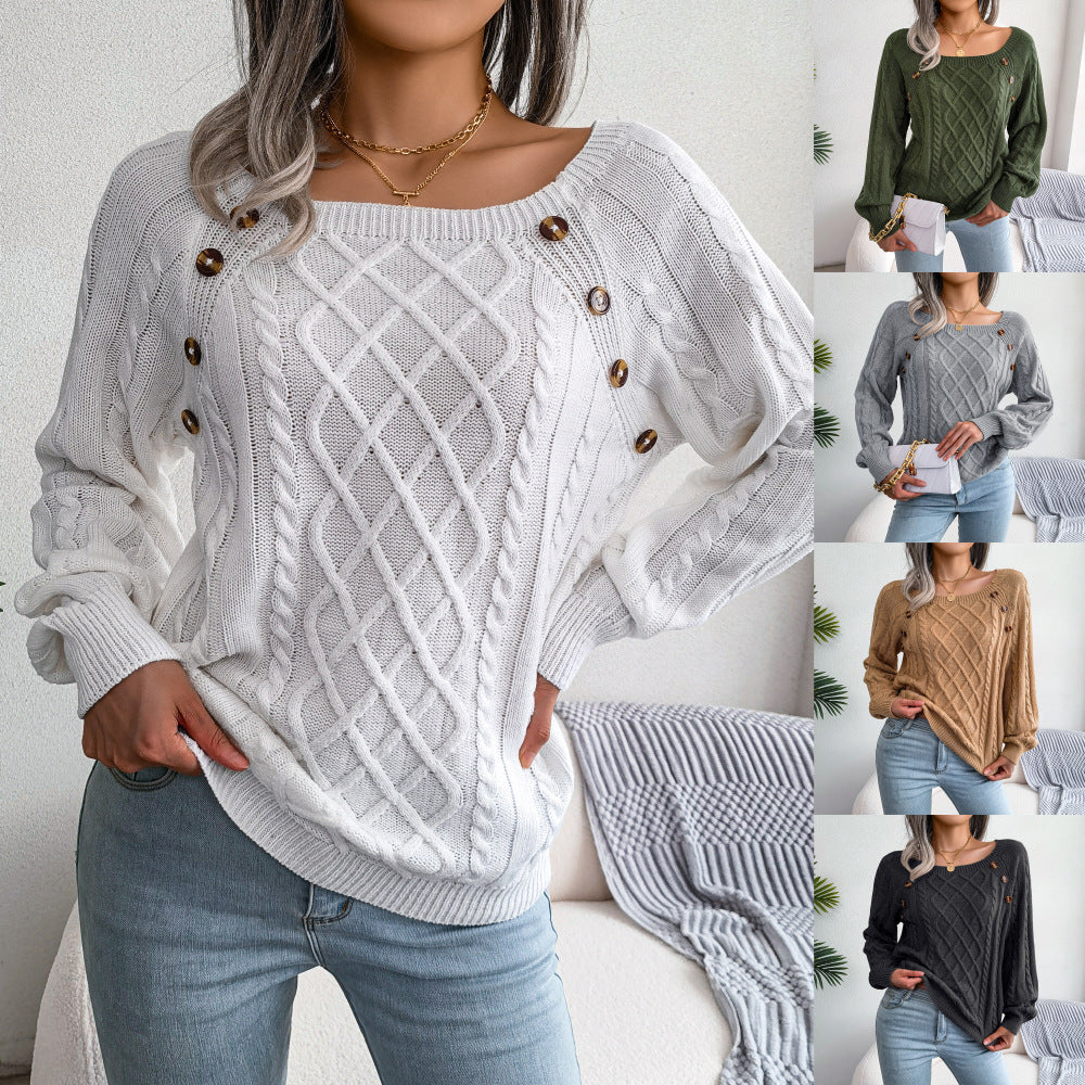 Women Sweaters and Pullovers Twisted Back Jumpers Square Neck Button Fried Dough Twist Knitting Sweater