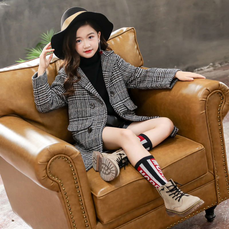 Chic Sophistication Gray Plaid Hounds tooth Coat for Fashionable Girls