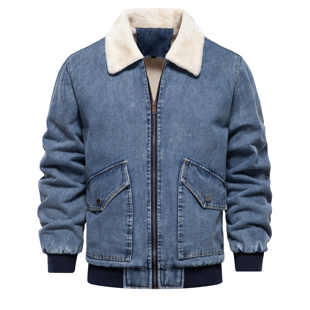 Men's European Size Plush Fleece-Lined Denim Jacket: Winter Sherpa Windbreaker