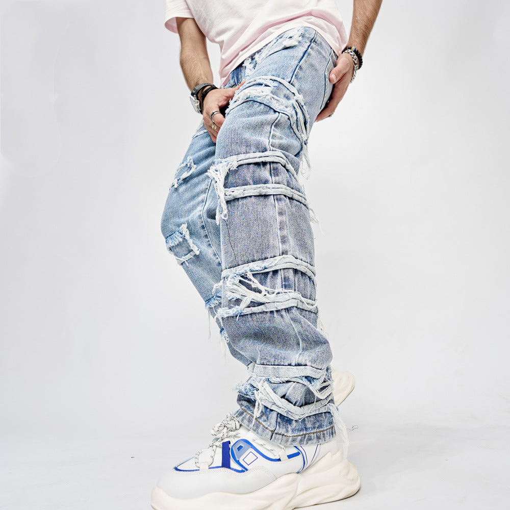 High Street Men's Hip Hop Jeans: Full-Length Patched Trousers with Straight Fit