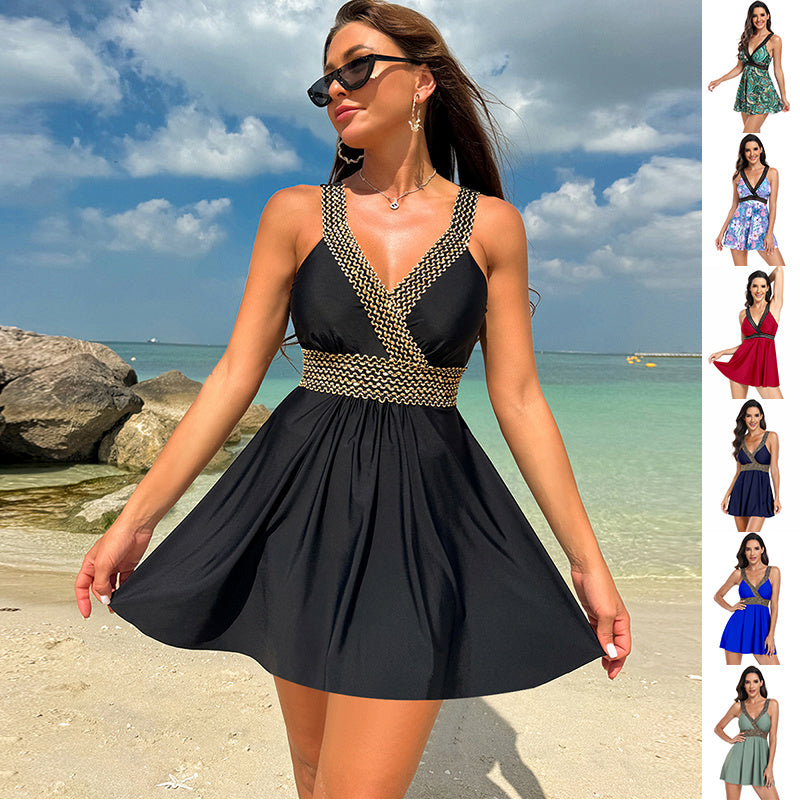 Seaside Glamour V Neck Printed Swimsuit Dress for Summer Beach Vacation Bikini Fashion in Women Clothing