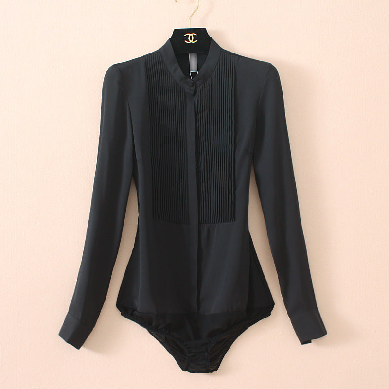 Chic Elegance Stand Collar Organ Pleated Chiffon Shirt Effortlessly Stylish One Piece Design