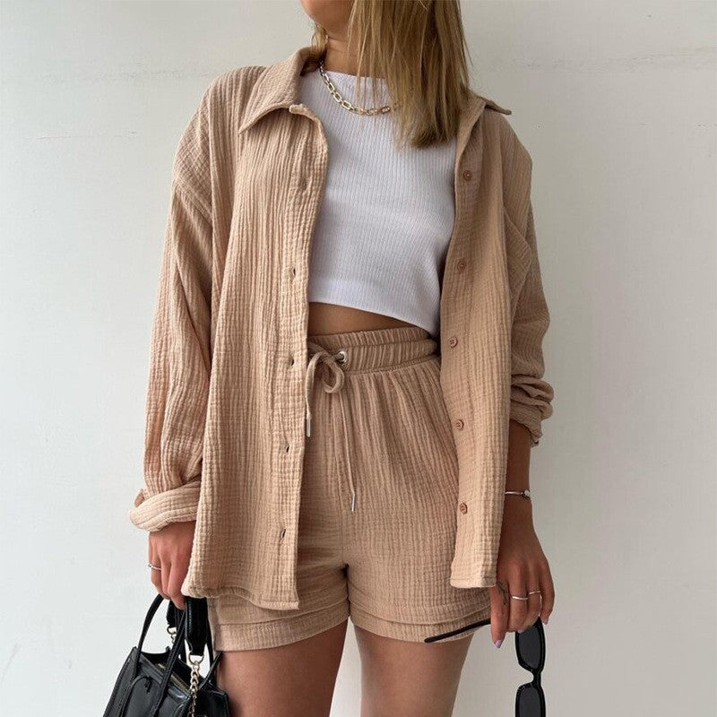 Spring Champray Outfits Lapel Long Sleeve Shirt High Waist Drawstring Shorts Plus Size Fashion Casual Set