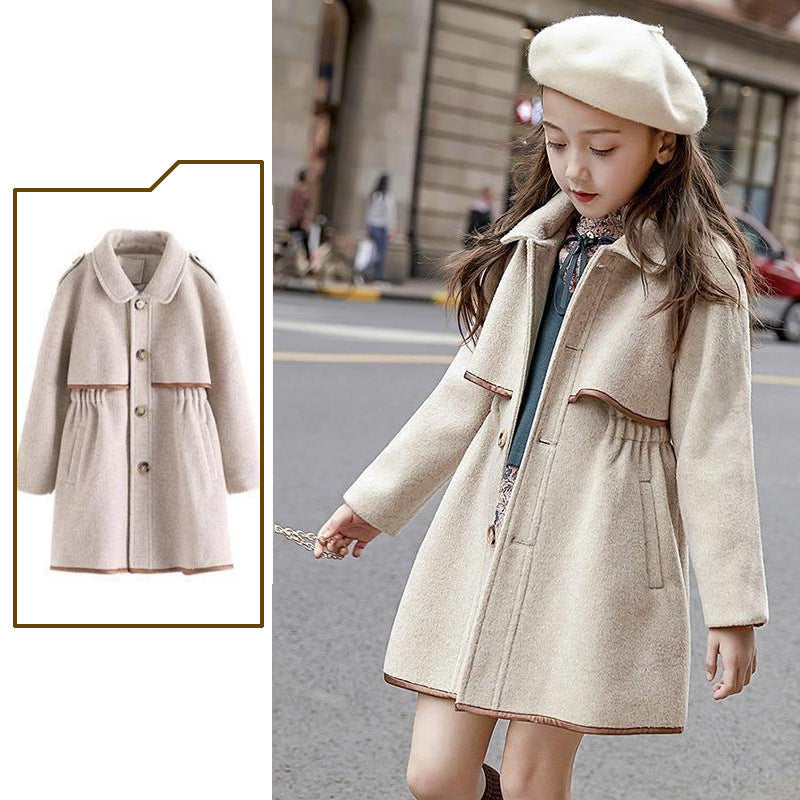 British Fashion Mid Length Solid Color Woolen Coat for Children Stylish and Warm with Thickened Waist Design