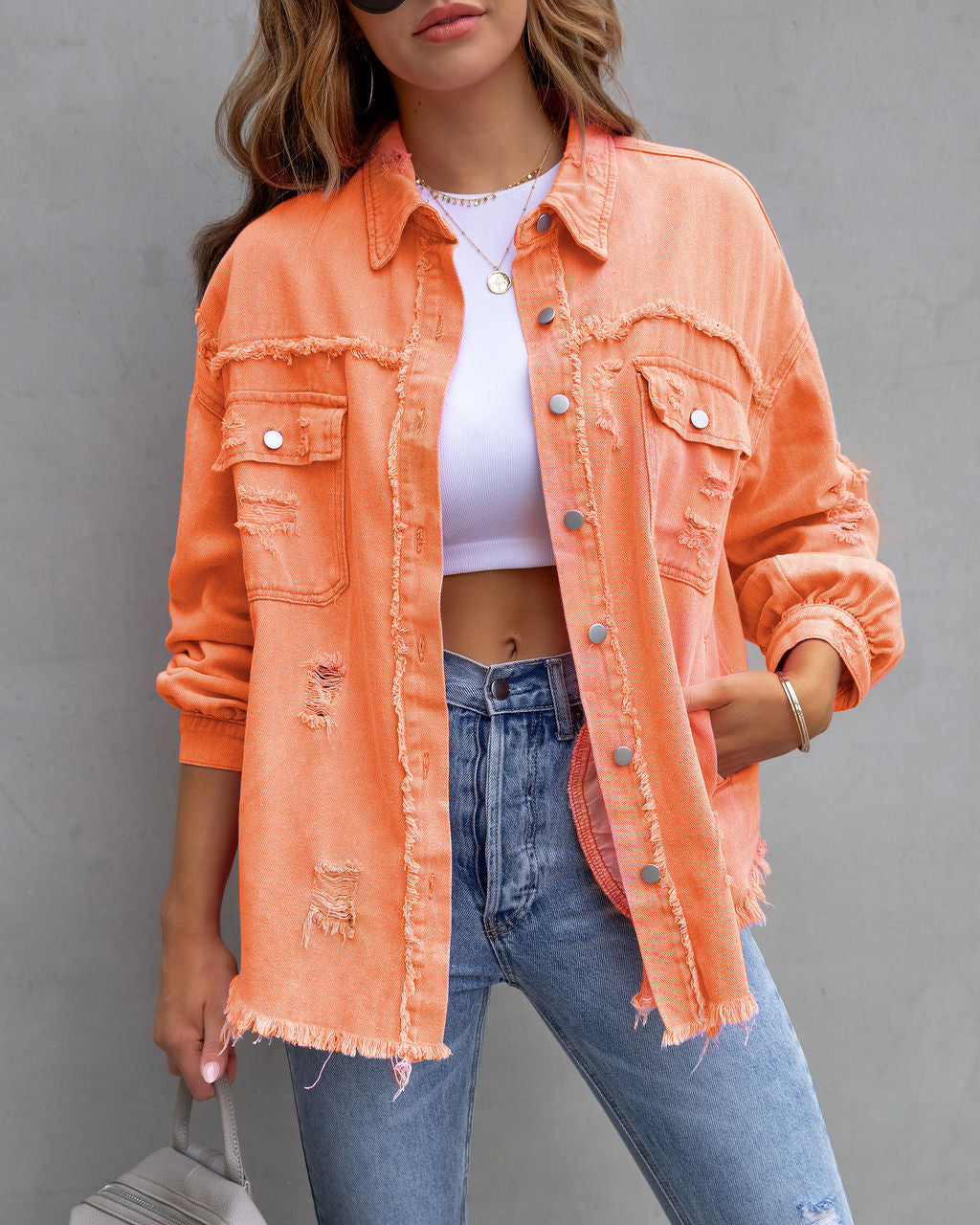 Ripped Shirt Jacket for Women - Autumn and Spring Casual Top