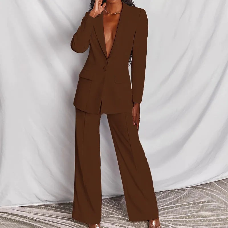 Business Women Long Sleeve Trousers Suit Blazer Jacket and Wide Leg Pants Set