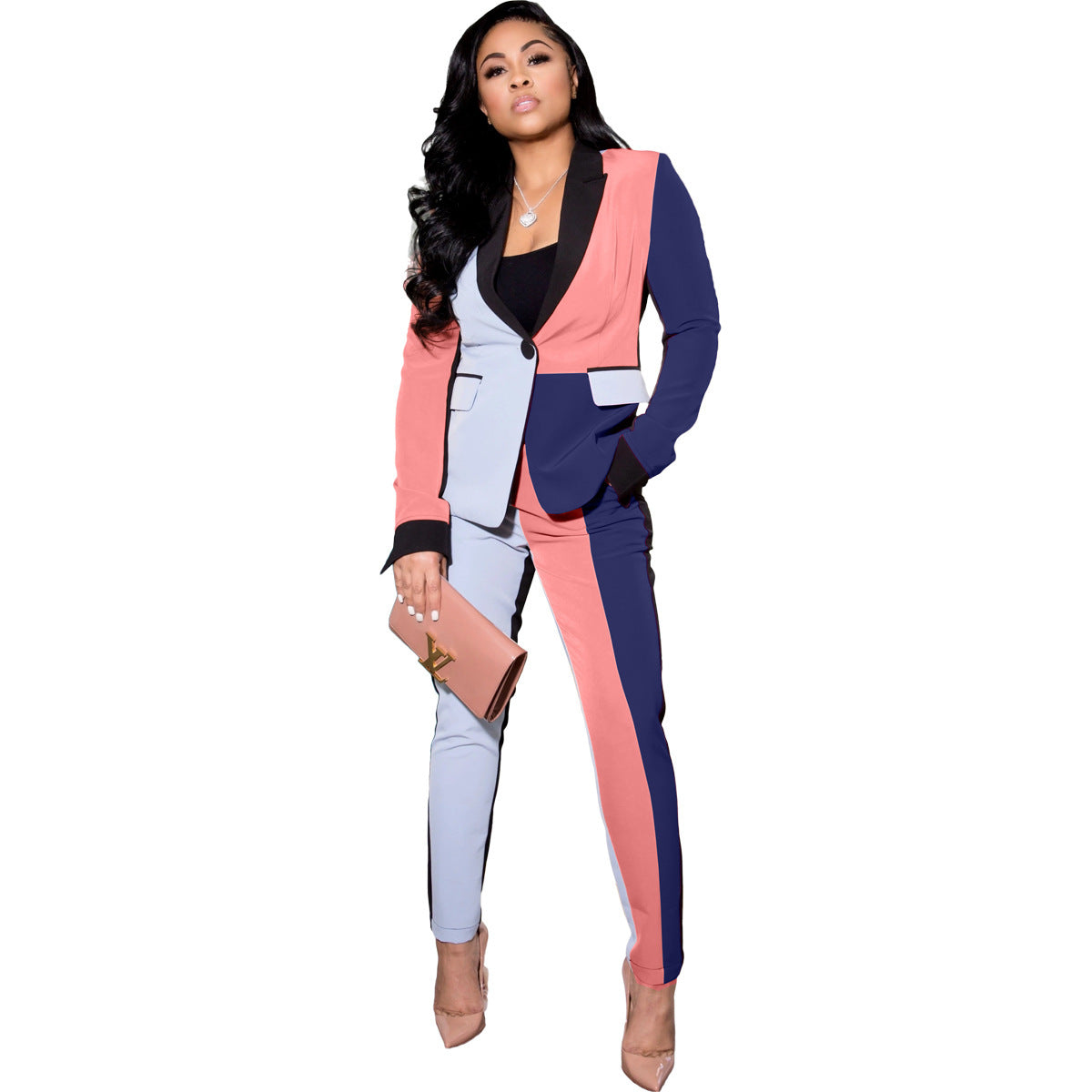 Women's Color Contrast Patchwork Fashion Suit Pants Two-piece Set