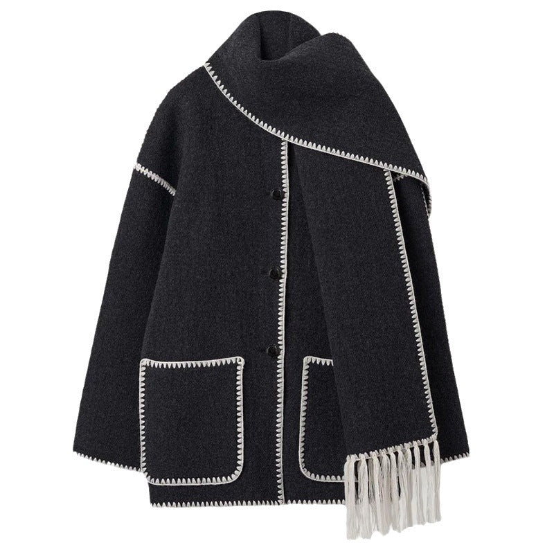 Women's Thickened Woolen Coat with Tassel Scarf - Autumn/Winter Fashion