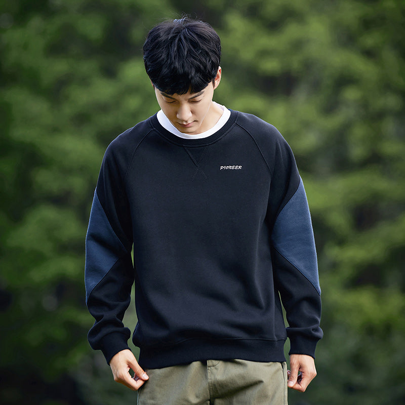 Round Neck Sweater Men's Cotton Stitching Contrast Color Pullover sweater vintage Black Shirt