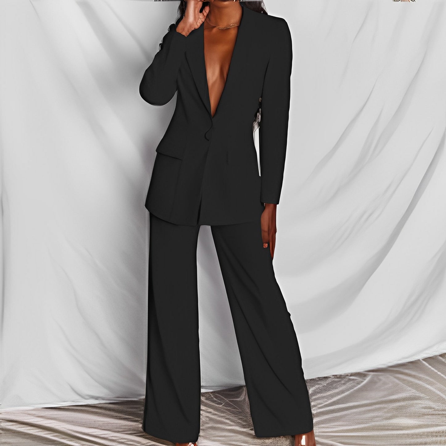 Business Women Long Sleeve Trousers Suit Blazer Jacket and Wide Leg Pants Set