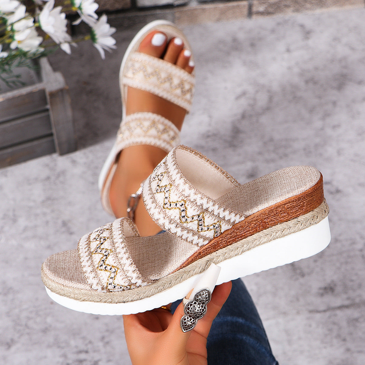 Ethnic Elegance Wavy Pattern Woven Sandals with Linen Bottom Wide Strap Wedges for Stylish Summer Comfort