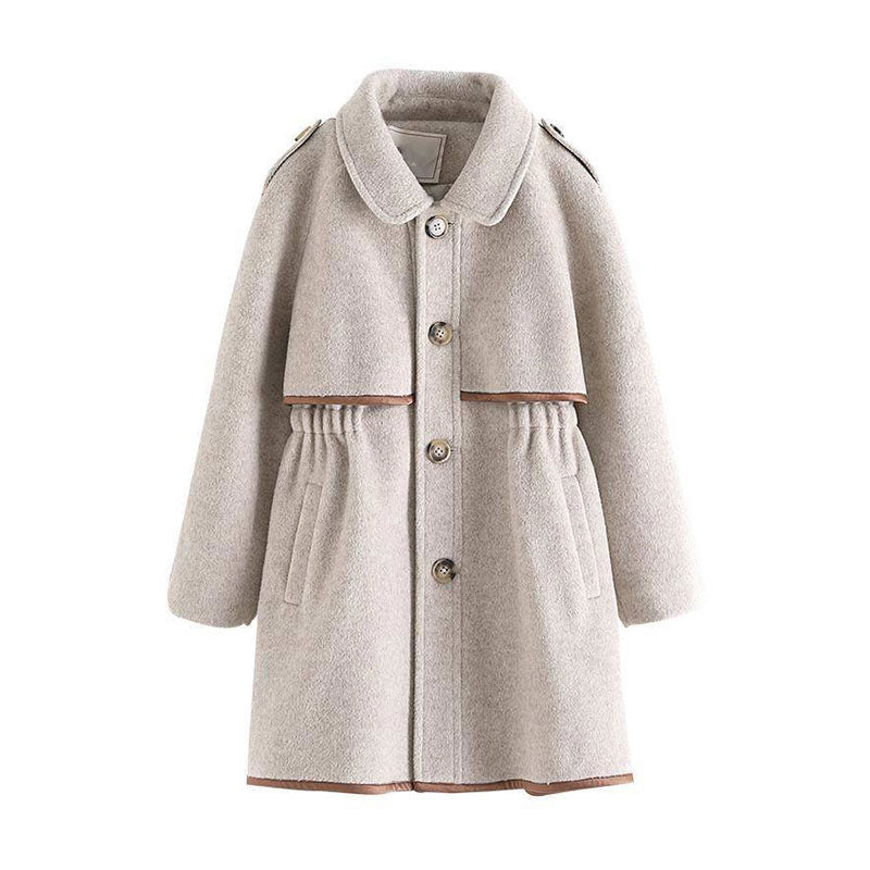 British Fashion Mid Length Solid Color Woolen Coat for Children Stylish and Warm with Thickened Waist Design