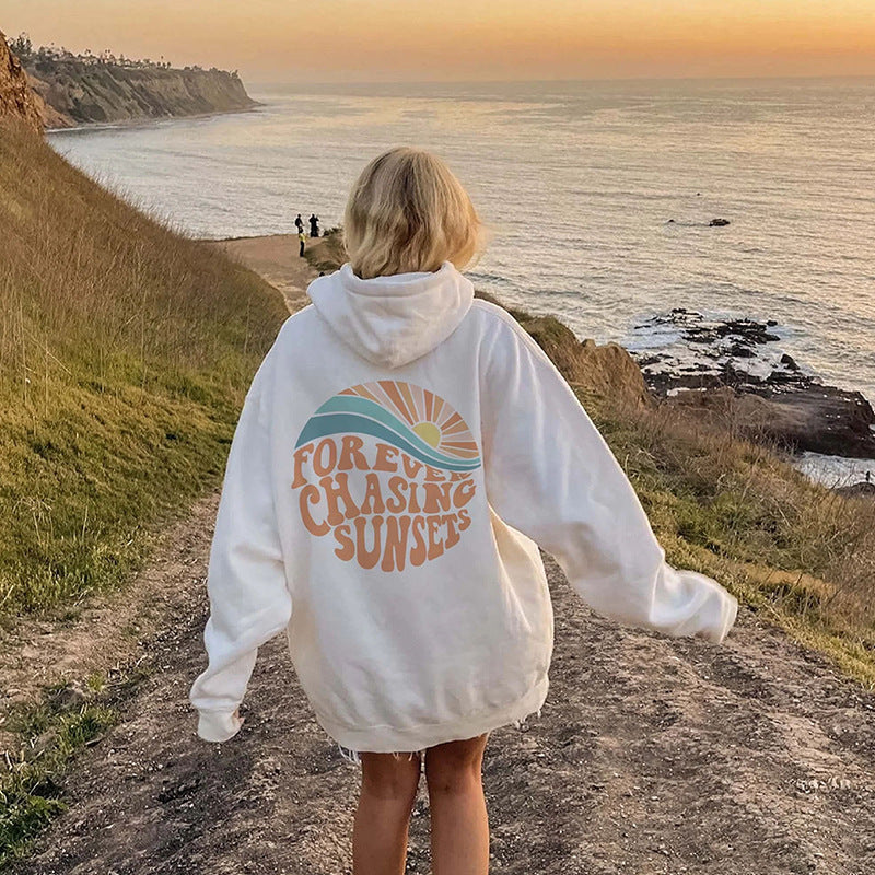 Fleece-lined Sunset Print Hoodie for Women - Workout Comfort