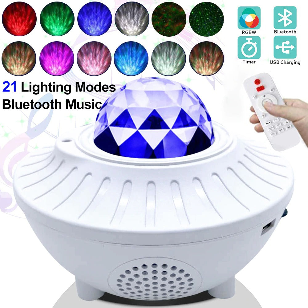 Starry Serenade: USB LED Night Light with Music and Water Wave Projection – Bluetooth Magic for Sound-Activated Decor