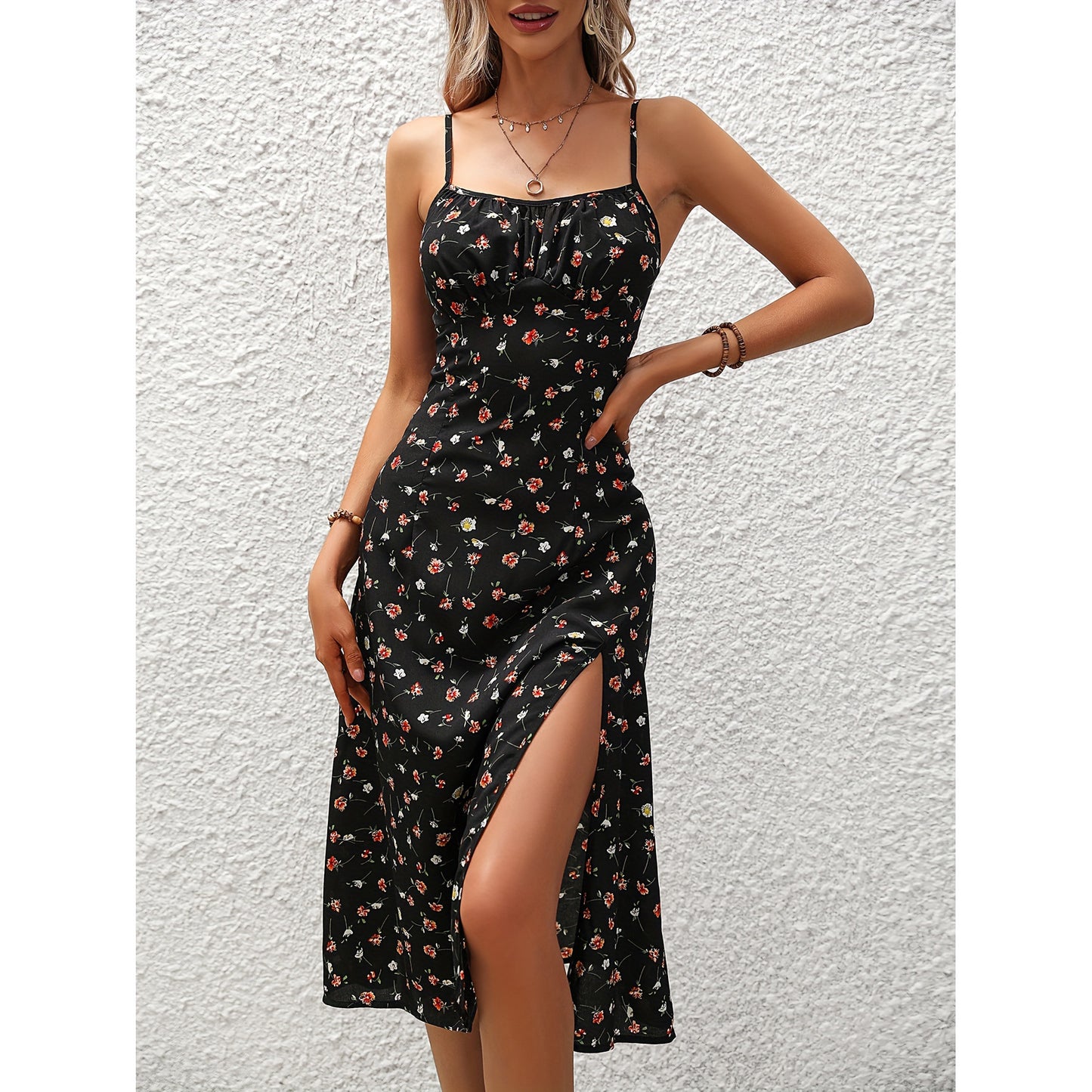 Summer Chic New Polka Dot Print Suspender Dress with Sexy Slit Long Dress for Women Clothing