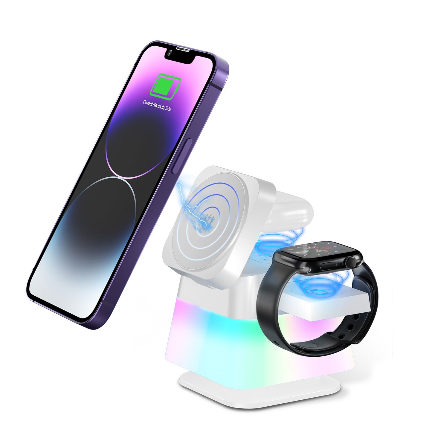 Versatile Charging Hub 4 in 1 Rotatable Colorful Lighting Wireless Charger Stand for iPhone 15 14 13 12 Pro Max 8 7 Includes Magnetic Fast Charging Station and Phone Holder