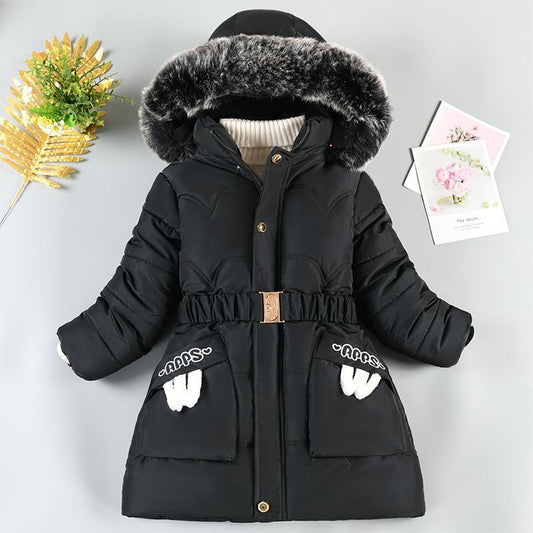 Cozy Elegance Mid Length Fleece Cotton Coat with Large Fur Collar and Waisted Design