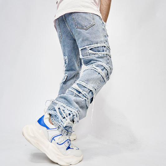 High Street Men's Hip Hop Jeans: Full-Length Patched Trousers with Straight Fit