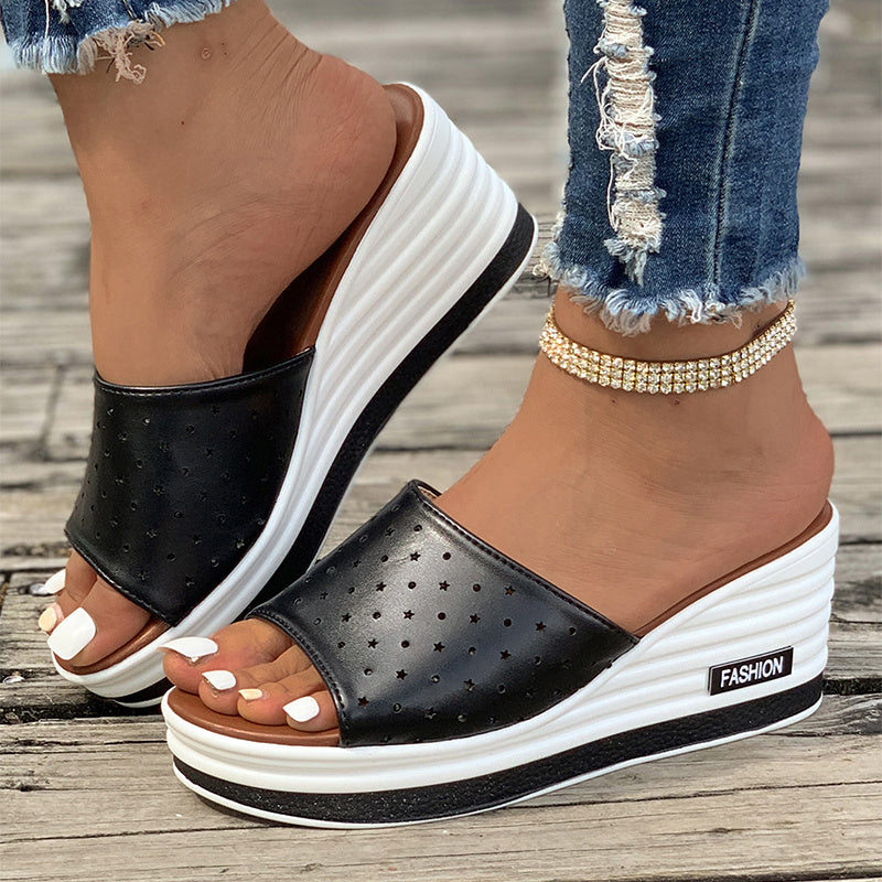 Ocean Breeze Chic Fish Mouth Wedges Sandals with Hollow Design High Heels Slides for Stylish Casual Beachwear