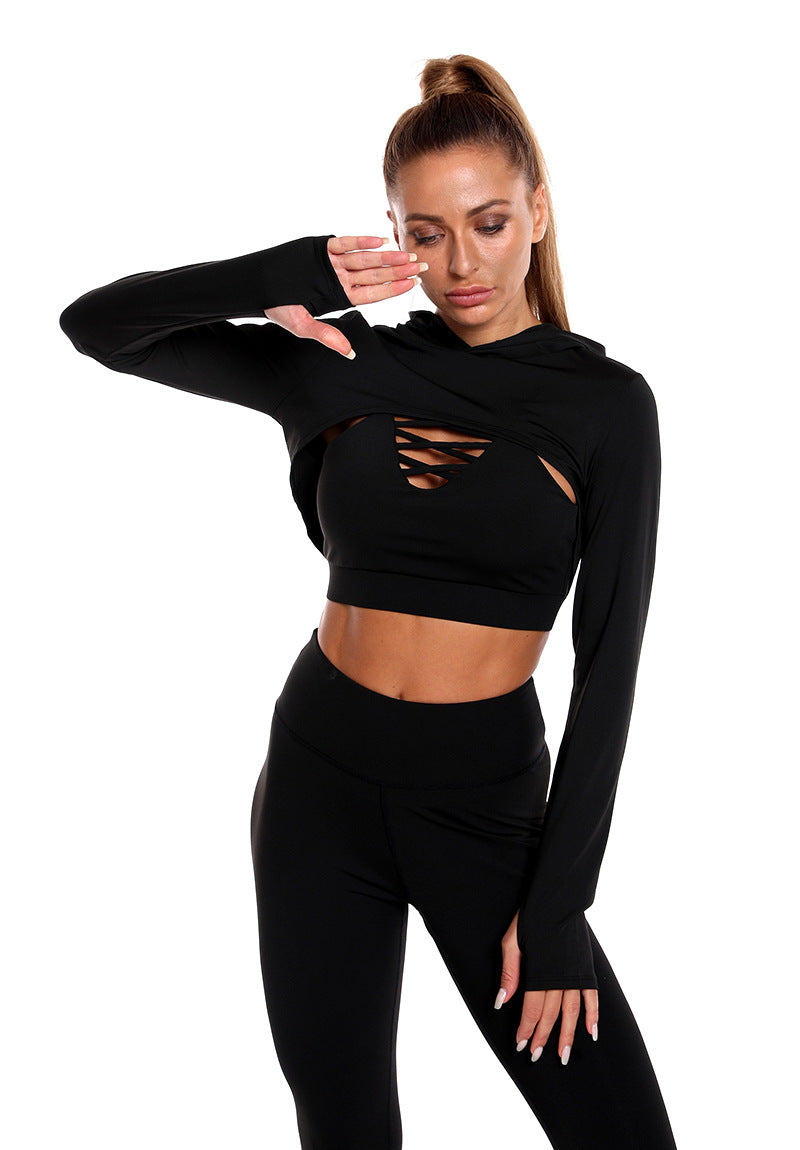 Ultimate Fitness Trio 3pcs Sports Suits with Long Sleeve Hooded Top Hollow Design Camisole and Butt Lifting High Waist Seamless Leggings Perfect Gym Outfits