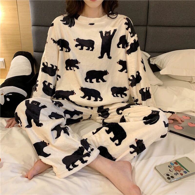 Warm and Cozy Winter Sleepwear for Women Cartoon Print Pajama Set for a Playful Night Rest