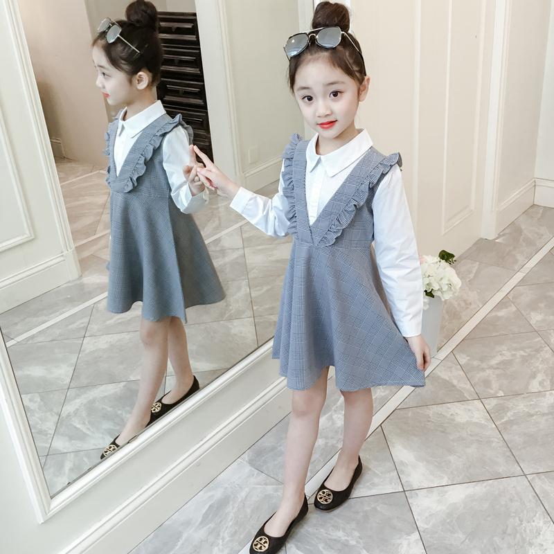 Stylish Sophistication Girls Long Sleeved Dresses with Big Kids Fake Two Piece Plaid Skirt