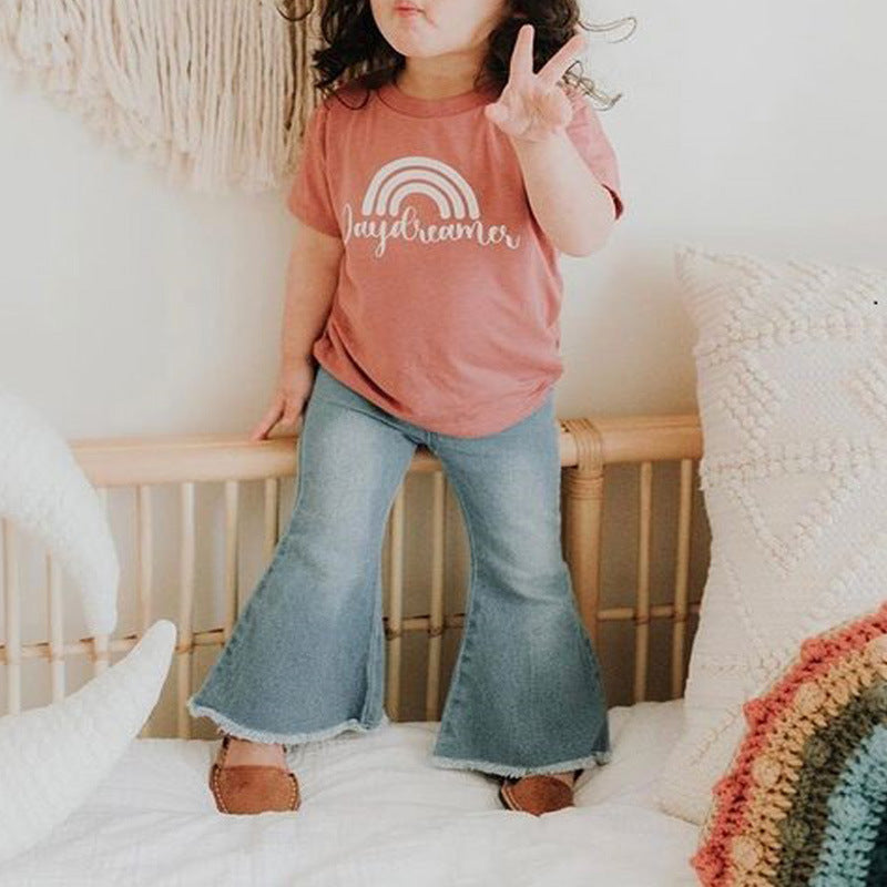 Rainbow Print T-shirt With Round Collar And Washed Jeans