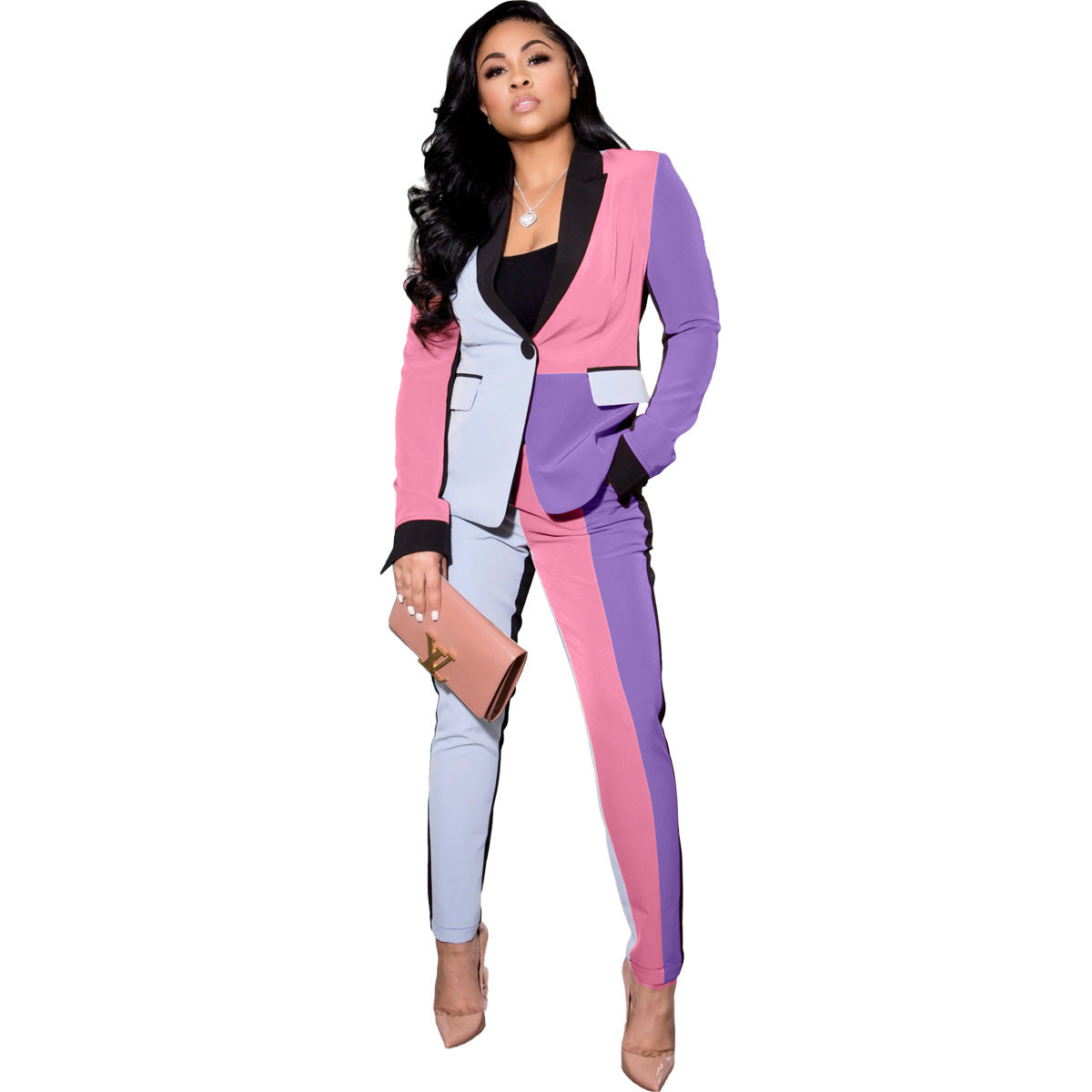 Women's Color Contrast Patchwork Fashion Suit Pants Two-piece Set