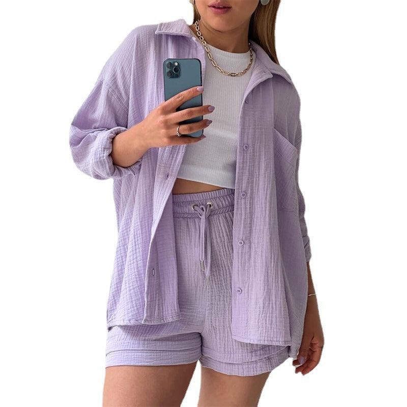 Spring Champray Outfits Lapel Long Sleeve Shirt High Waist Drawstring Shorts Plus Size Fashion Casual Set