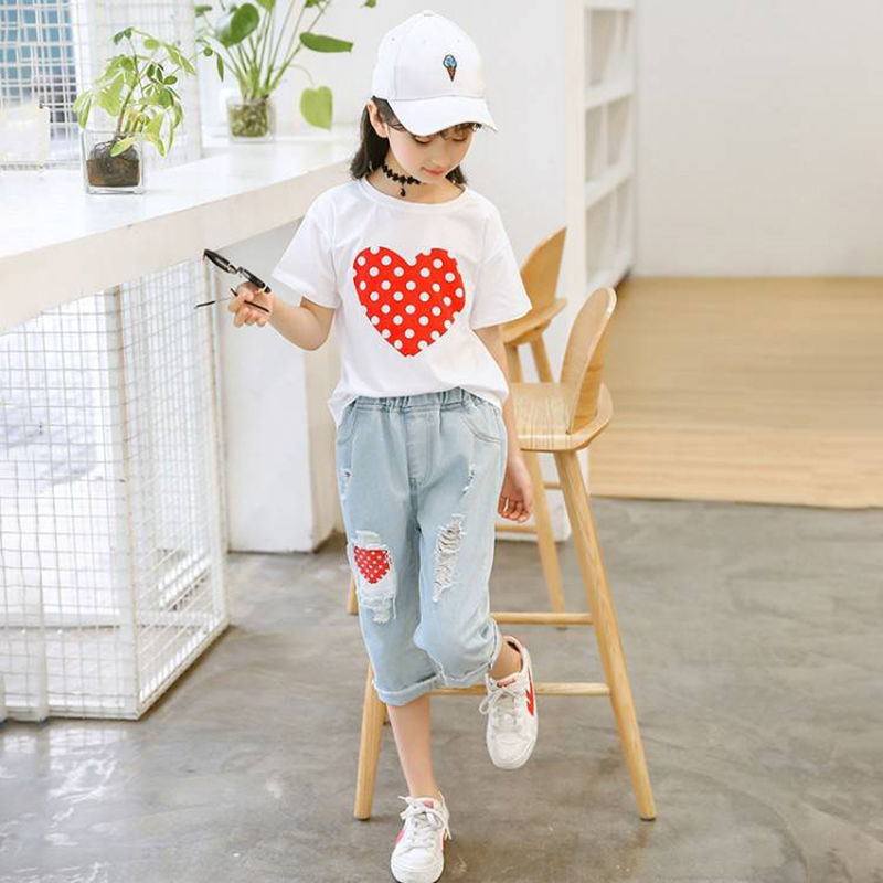 Urban Chic Girls White T shirt and Ripped Jeans Kids Suit for Trendsetting Style