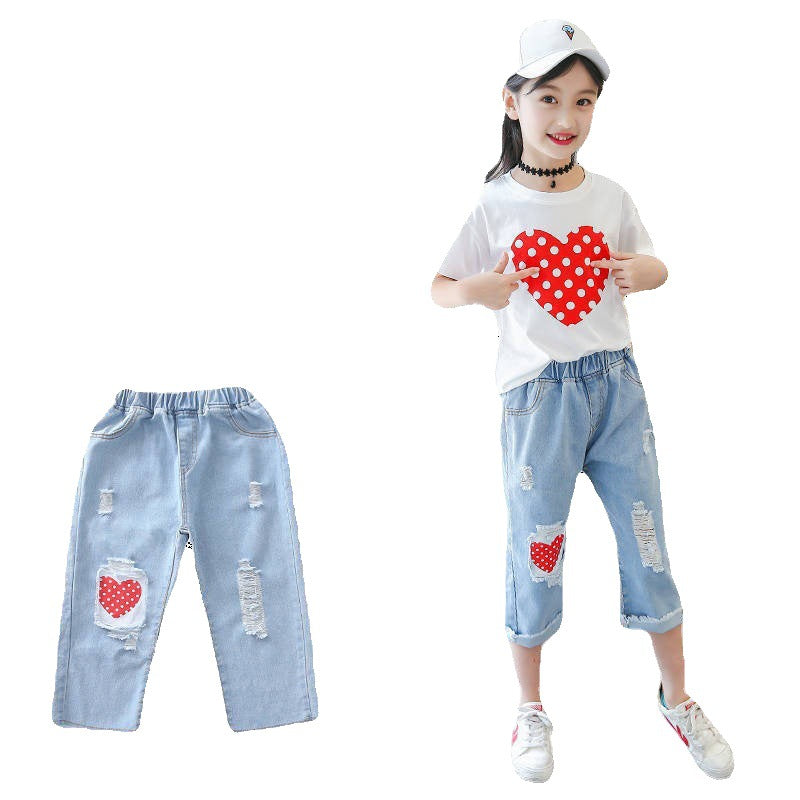 Urban Chic Girls White T shirt and Ripped Jeans Kids Suit for Trendsetting Style