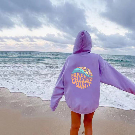 Fleece-lined Sunset Print Hoodie for Women - Workout Comfort