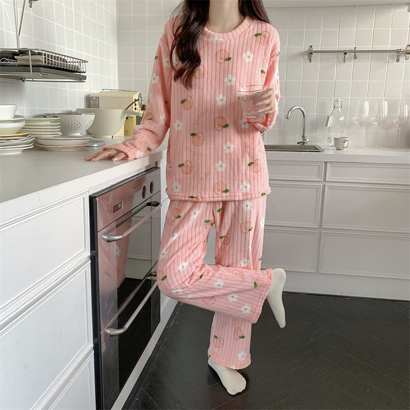 Women's Pajamas Autumn Winter Warm Pyjamas Sets Thick Coral Long Sleeve Cute Cartoon Bear Sleepwear Home Nightclothes